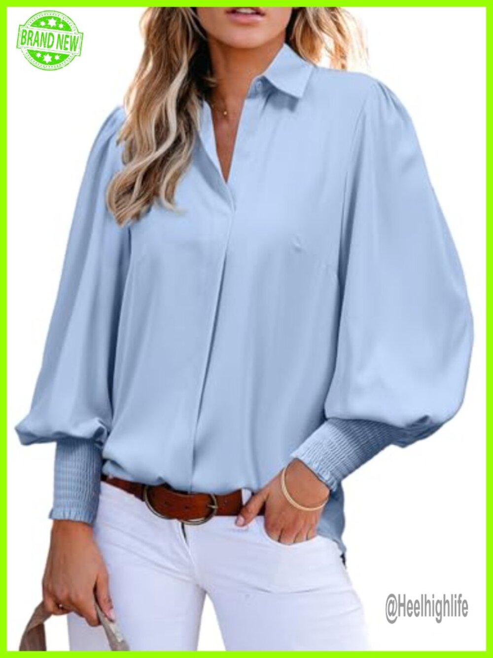 Women's Loose V-Neck Balloon Sleeve Button Down Blouse